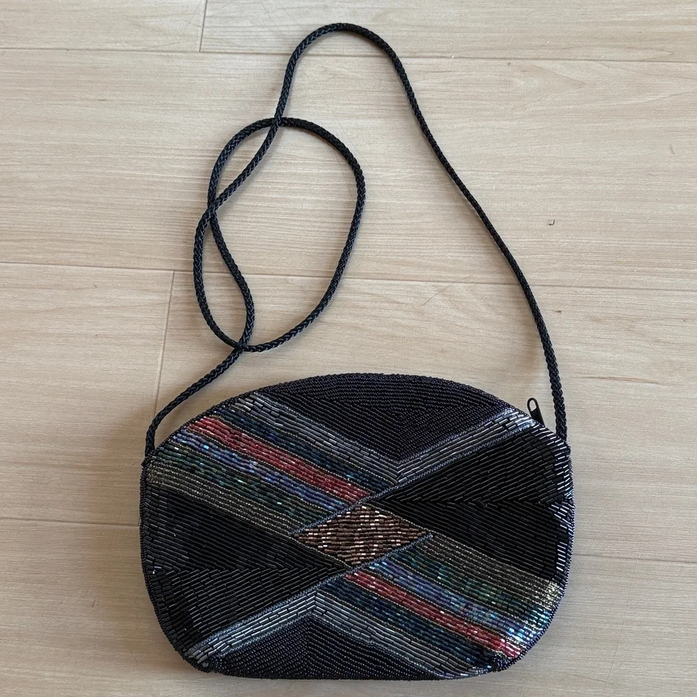 VINTAGE BEADED CLUTCH PURSE GEOMETRIC BLACK MULTICOLORED EVENING BAG CROSSBODY